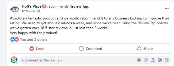 Facebook recommendation for ReviewTap from a customer