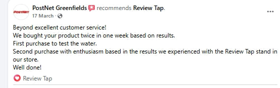 Facebook recommendation for ReviewTap from a customer