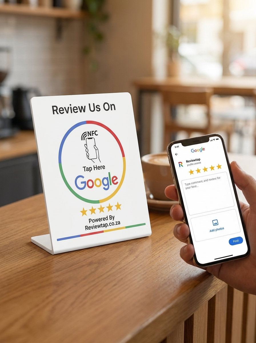 ReviewTap Google review stand on a cafe counter beside a phone showing a Google review page